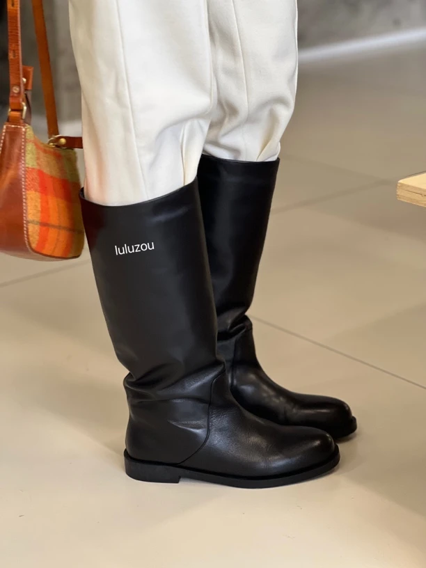 luluzou秋冬头层牛皮中筒靴百搭复古显瘦不过膝骑士靴