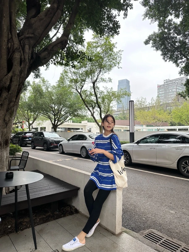 luluzou早秋纯棉磨毛条纹衫男女同款宽松大T欧美休闲慵懒风T08345