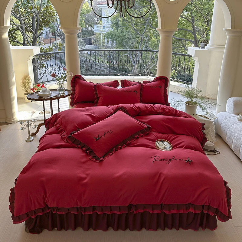 网红款双心结韩版水洗棉蕾丝花边四件套刺绣简约欧式绣花公主风