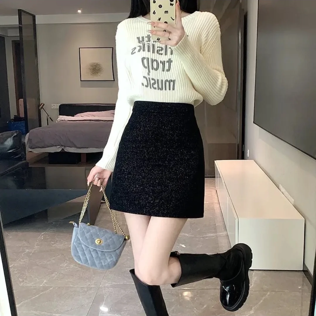 【星光璀璨】冬季半身裙女高腰显瘦黑色亮丝A字短裙小香风气质裙子