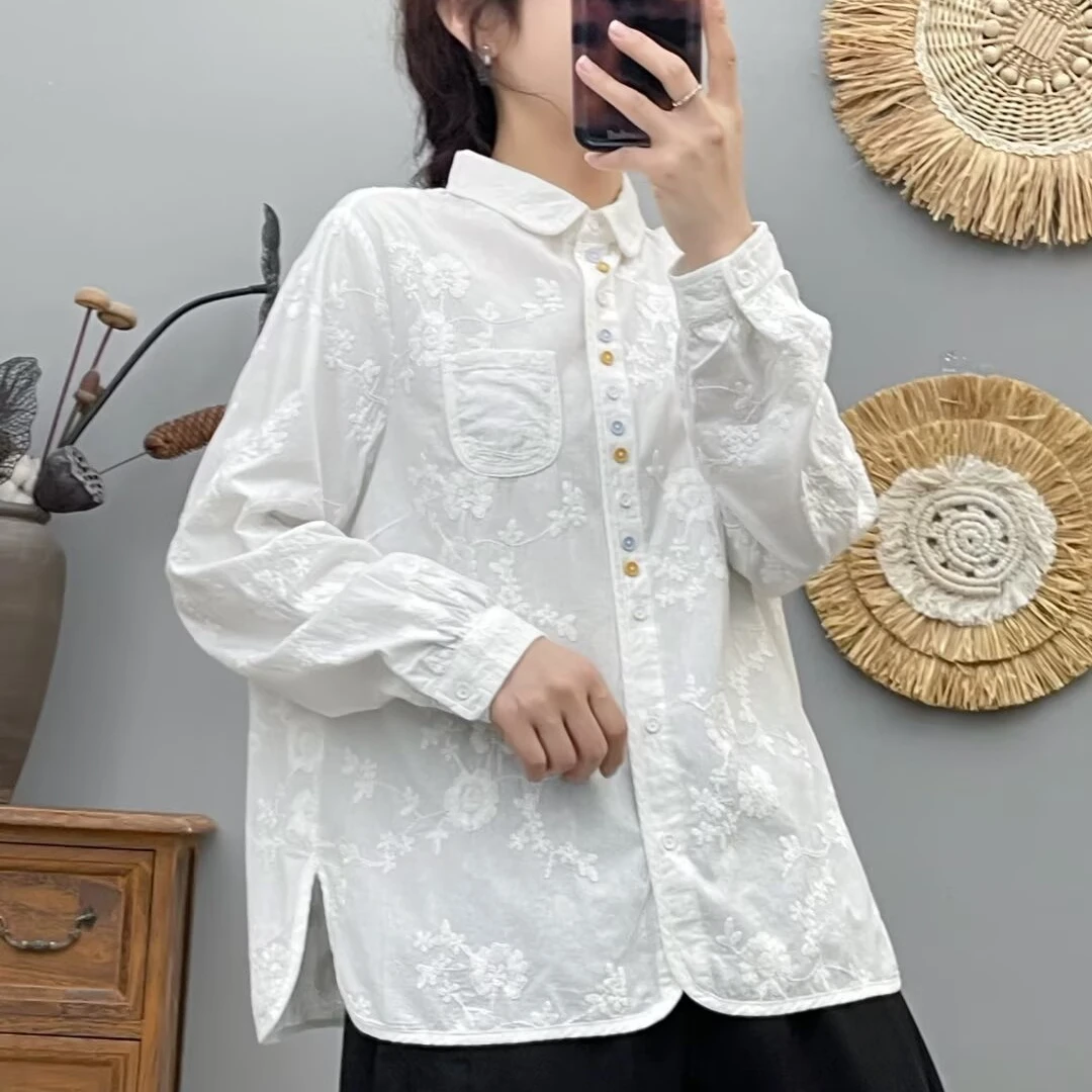 2025秋季重工刺绣衬衫女长袖设计感彩扣上衣宽松显瘦休闲白色衬衣