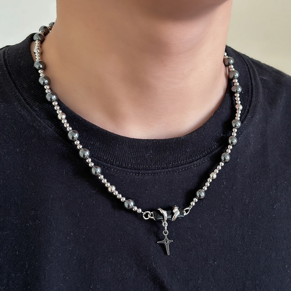 钛钢石英石项链 潮流时尚百搭暗黑手工拼接钛钢项链