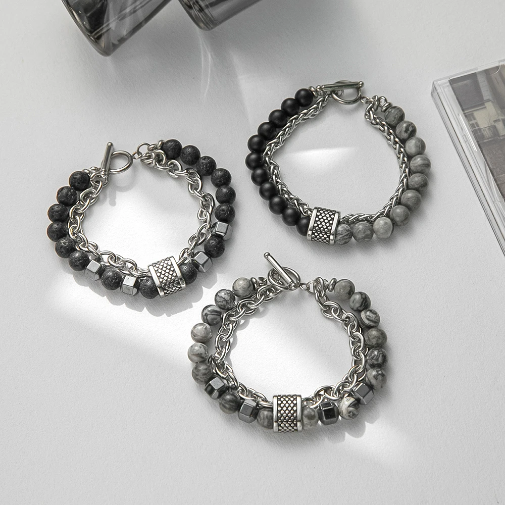 钛钢手链 欧美爆款时尚百搭石头双层钛钢手链不掉色复古手串