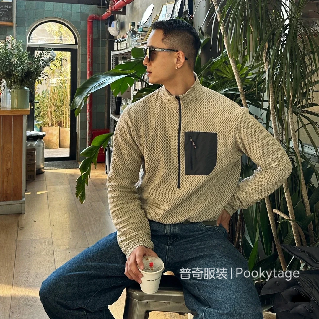 穿搭神品！高端波浪纹防风保暖秋冬情侣户外通勤休闲半拉链抓绒衣