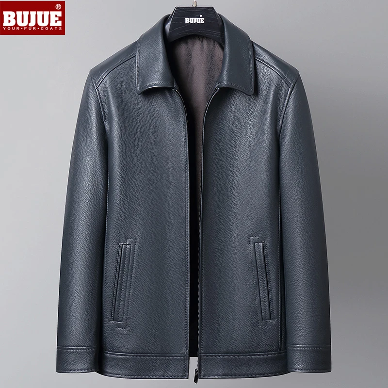 宝蓝色进口新西兰真鹿皮短款翻领真鹿皮皮衣夹克商务休闲男装薄