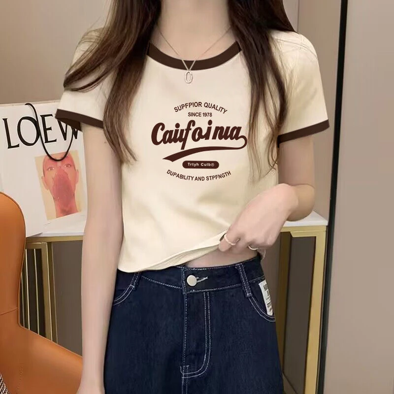 正肩撞色拼色短款短袖小个子上衣女夏季设计感小众洋气卡腰小衫潮