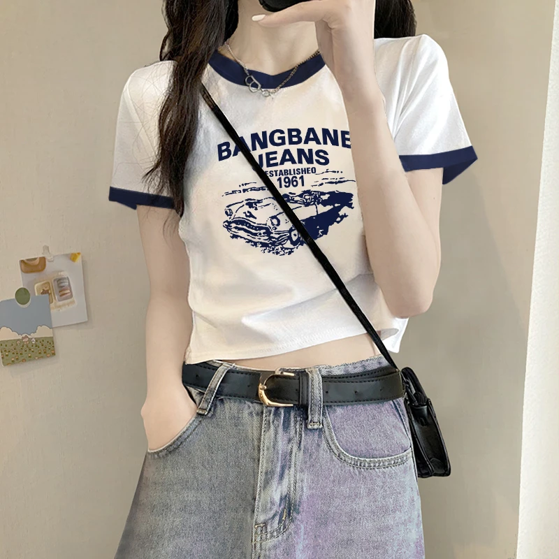 圆领撞色纯棉短款短袖T恤女夏季设计感小众修身百搭甜辣印花上衣