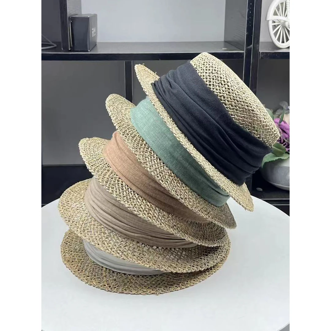 新款夏季出游透气帽子女日系小沿平顶草帽手工编织咸草平檐遮阳帽