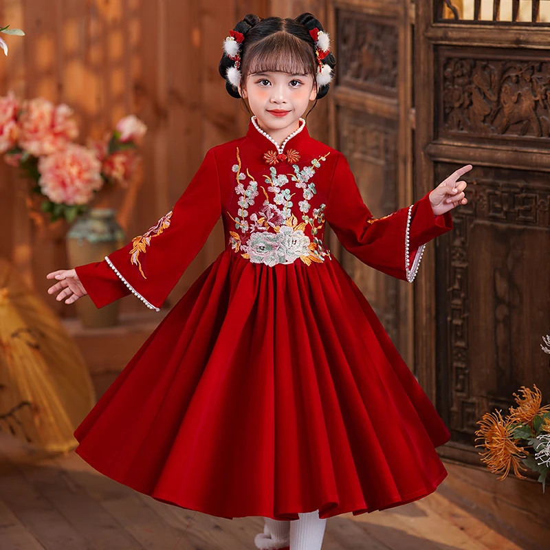 A2097女童汉元素连衣裙秋冬新款女孩蓬蓬裙中国风儿童礼服公主裙