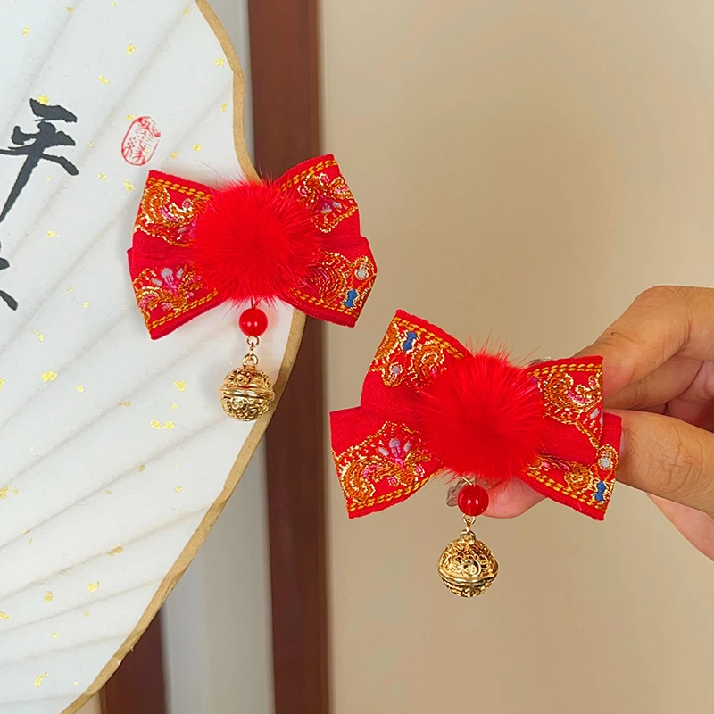 P156女童红色新年发夹中国风拜年发饰女孩古风唐装卡子铃铛头饰