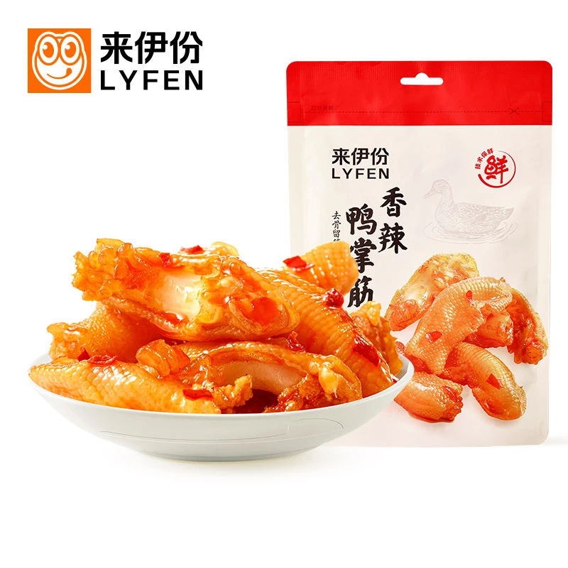 来伊份香辣脱骨鸭掌筋90g鸭爪无骨开袋即食休闲零食小吃