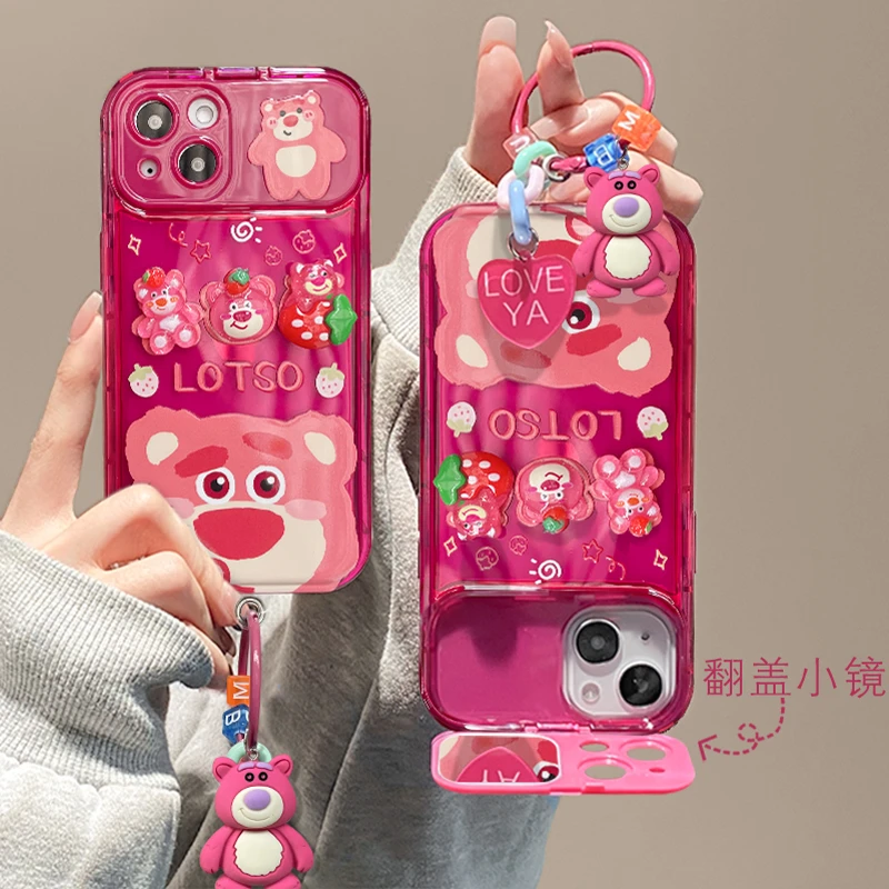 【适用于苹果/华为/oppo/vivo】可爱草莓熊翻盖镜子防摔手机壳