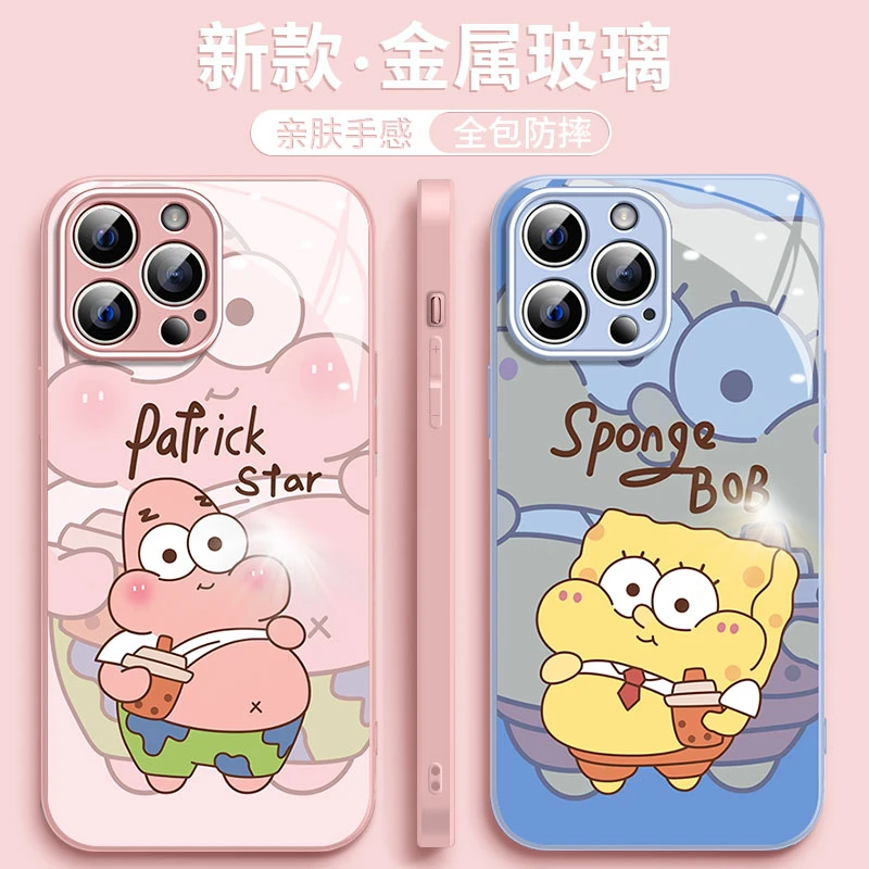适用苹果/华为/荣耀/oppo/vivo 新款海绵宝宝金属玻璃全包手机壳