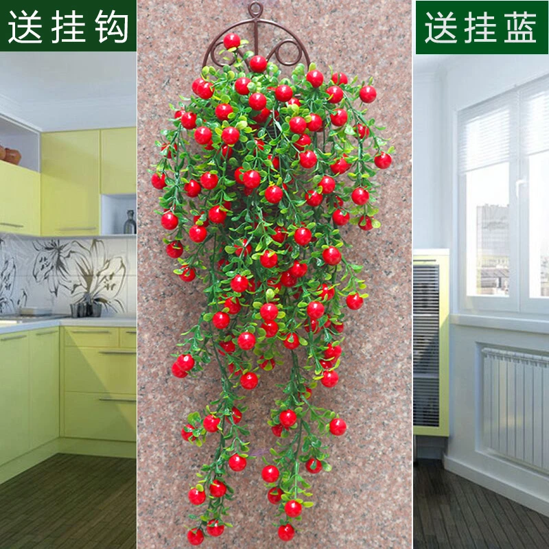 室内摆设红色发财果仿真花藤条植物装饰大红卧室房间挂篮墙上挂件