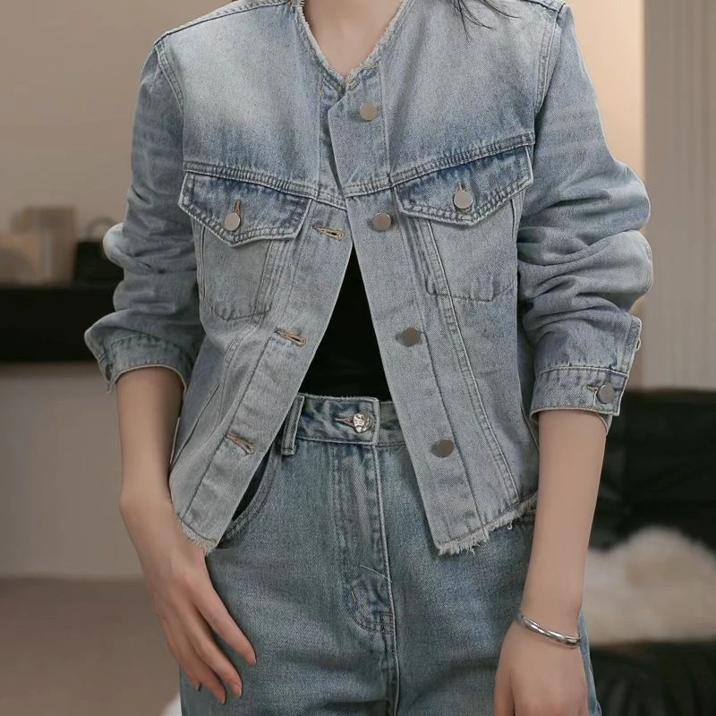 LUSHANG百搭无领毛边牛仔外套6060