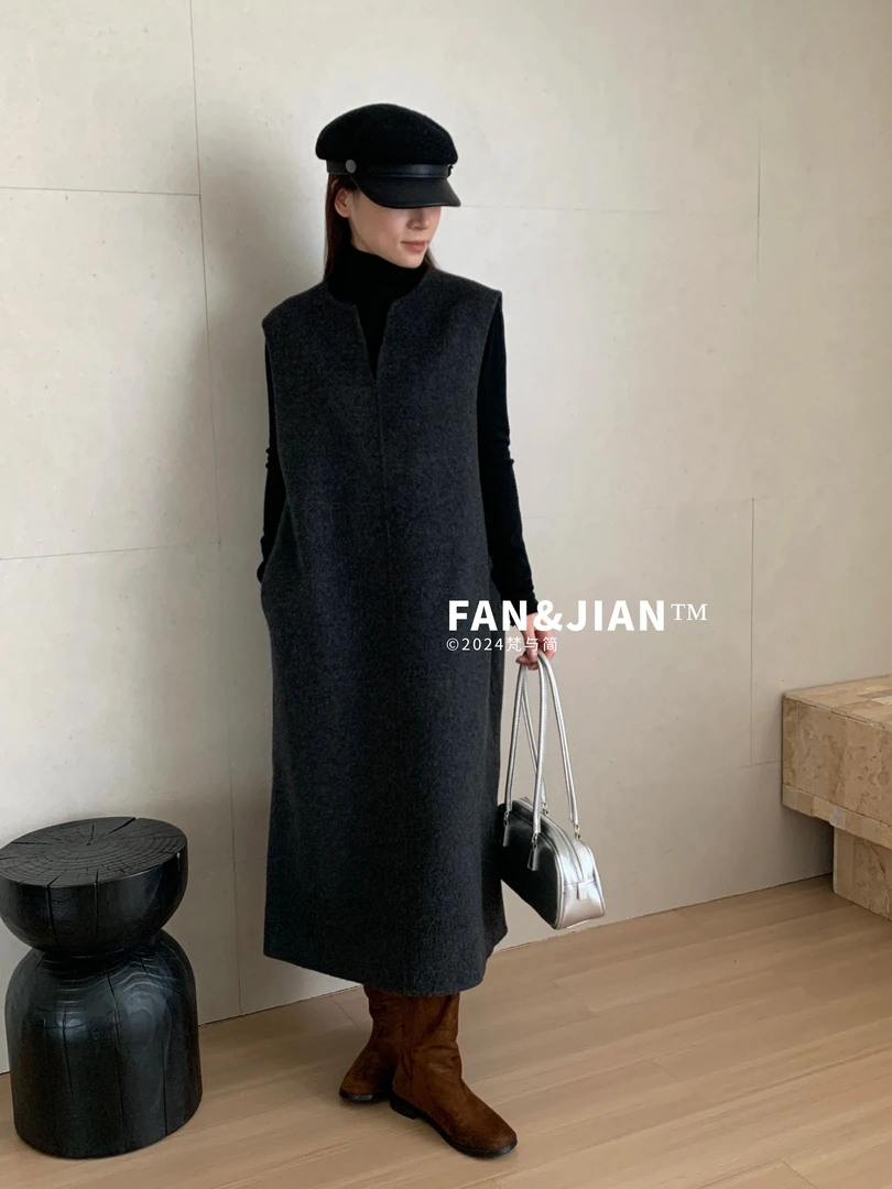 【新月曲】绵羊毛经典简约舒适宽松时尚休闲长款毛呢无袖背心连衣裙