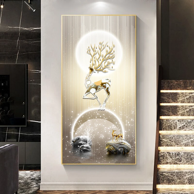走廊玄关装饰画带框晶瓷镶钻装饰画现代简约挂画麋鹿立体晶瓷画