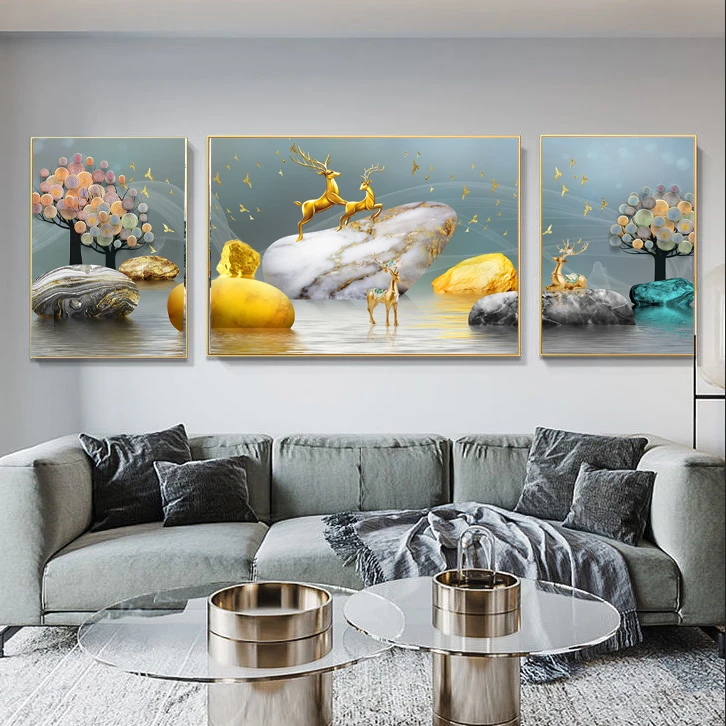 富贵有余-晶瓷镶钻装饰画新款现代简约沙发背景墙三联画轻奢风