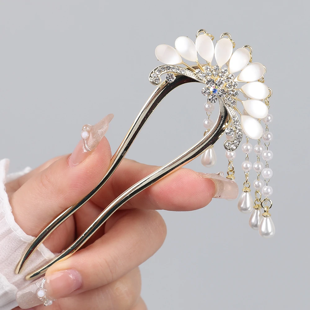 超仙国潮猫眼流苏U型发簪高级感扇形发杈簪子女古风汉服头饰发饰