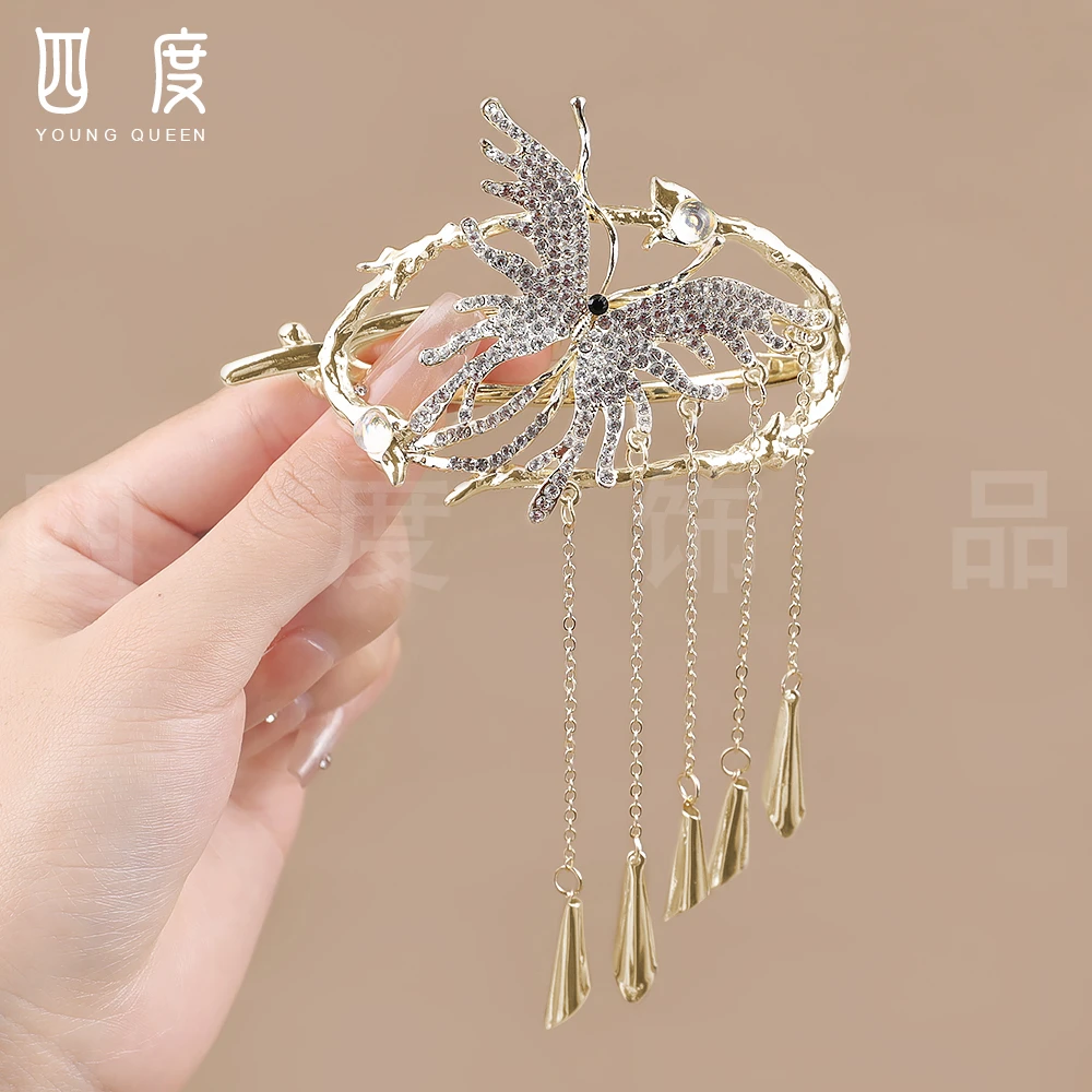 新款轻奢蝴蝶流苏风铃扭扭夹后脑勺盘发一字夹精致气质头饰发饰