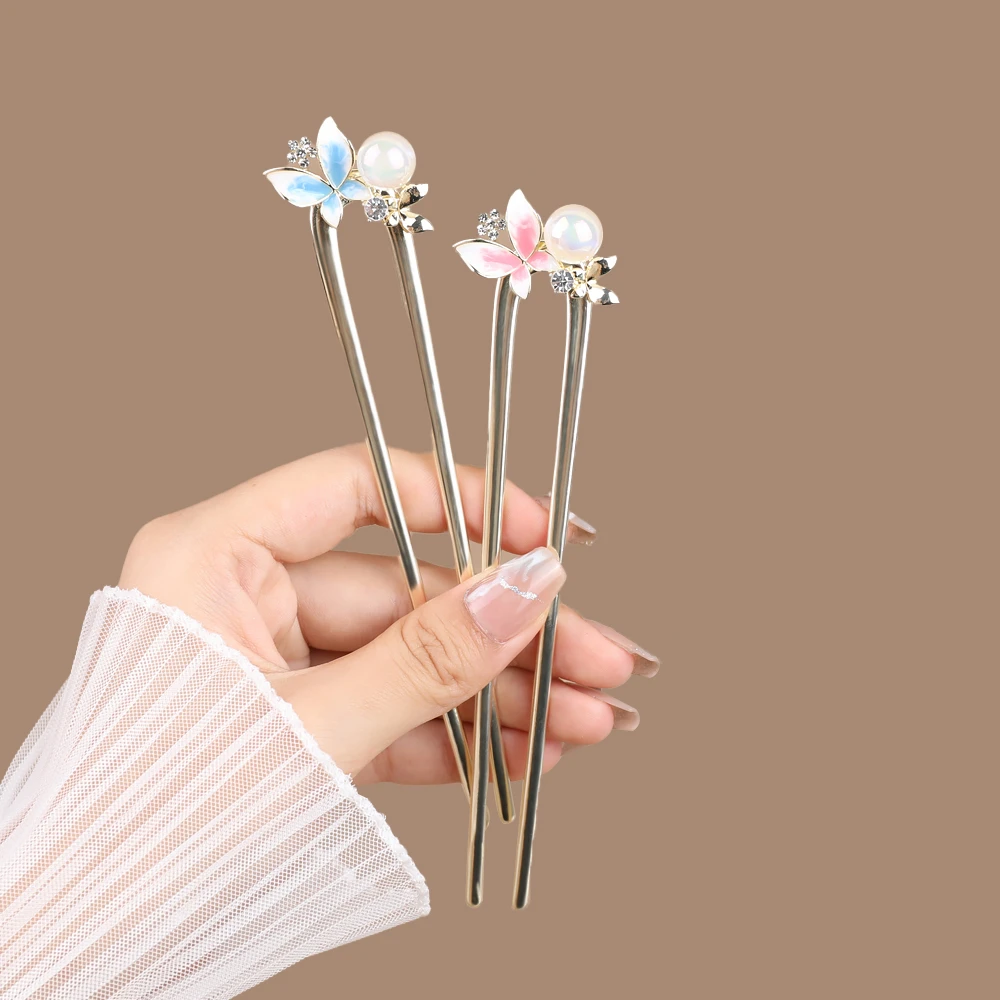 国风手工发簪气质U型蝴蝶发簪古风百搭发杈后脑勺盘发簪发簪子