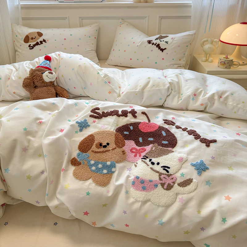新款毛巾绣纯棉四件套全棉冬季卡通被套床单人床上用品三件套家纺