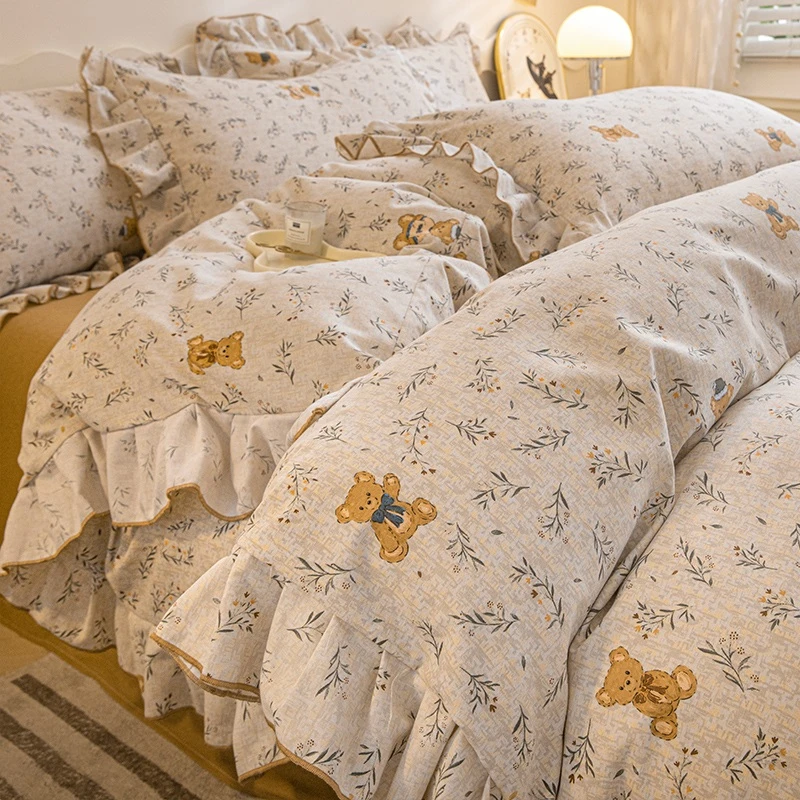 公主风加厚磨毛四件套秋冬季家用单人被套床单床上用品三件套床笠