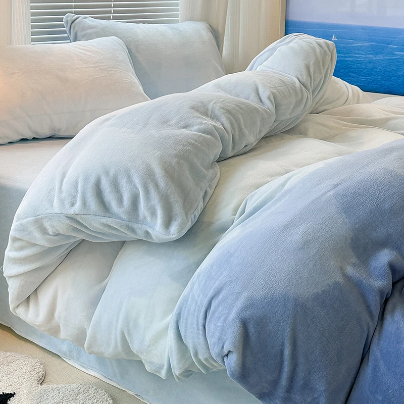 渐变色牛奶绒四件套冬天双面珊瑚绒法兰绒床单被套床上用品三件套