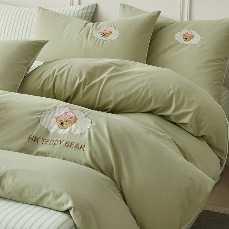 A类小熊全棉刺绣四件套卡通100纯棉水洗棉被套床单床上用品三件套