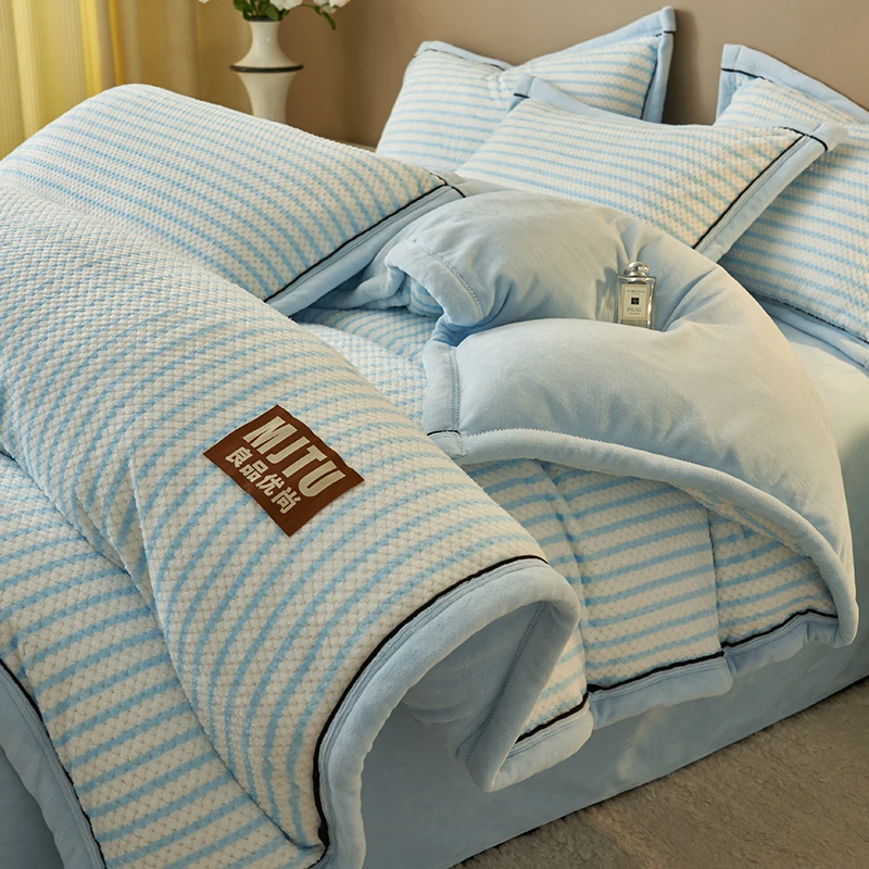 无印风冬季加厚牛奶绒四件套新款珊瑚绒面被套床单床上用品三件套