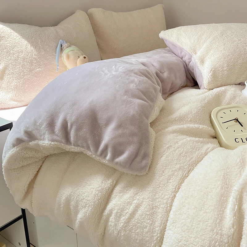 秋冬季纯色羊羔牛奶绒四件套被套珊瑚法兰绒面床单床上用品三件套