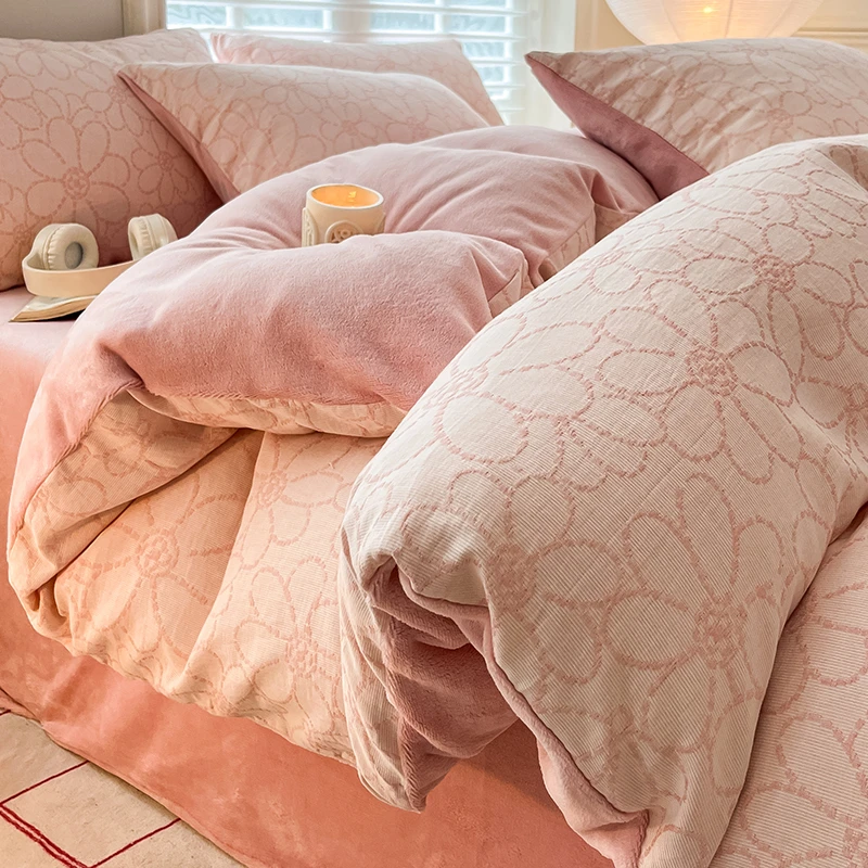 冬季A双层纱B牛奶绒床上用品四件套全棉纯棉珊瑚绒被套床单三件套