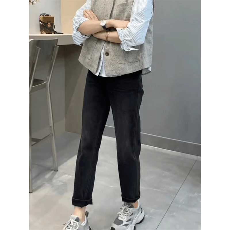 大码黑灰色直筒牛仔裤女2025年春季新款梨形身材弹力显瘦烟管裤