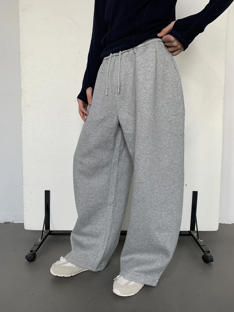 MION12day 秋冬加厚休闲弯刀卫裤阔腿宽松灰色长裤男女款