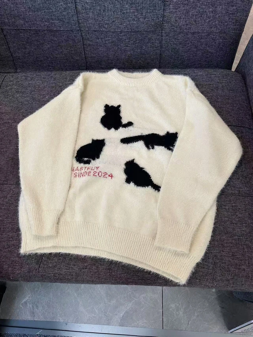 A199 猫咪毛衣男女情侣秋冬潮牌美式复古宽松慵懒针织衫