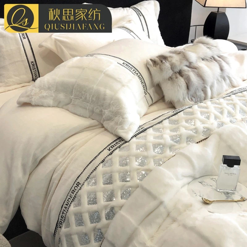 A类美拉德风兔毛绒冬季加厚床上四件套双面加绒牛奶绒床单被罩套4