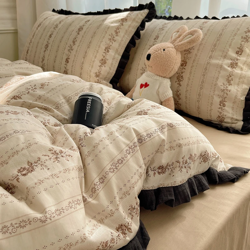 公主风皱皱纱全棉床上四件套小清新碎花花边被套纯棉床笠床单被套