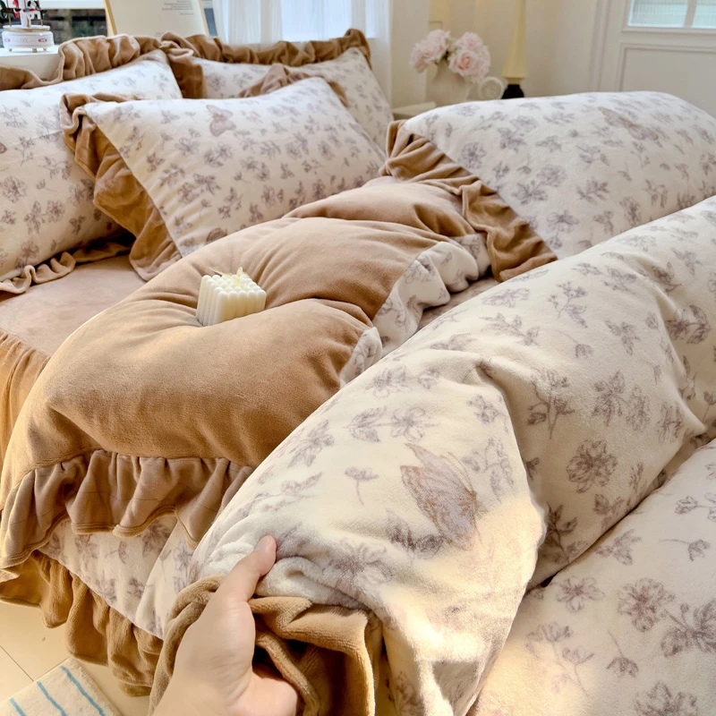 秋冬季牛奶绒床上四件套珊瑚绒双面法兰加绒床单公主风被套三件套