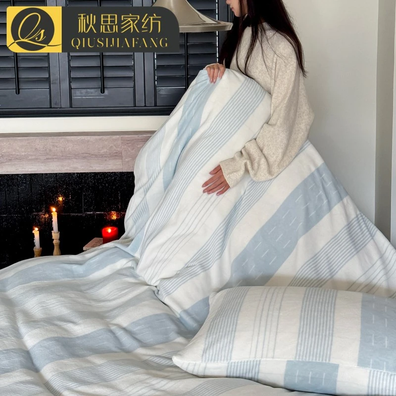 冬季双面加厚牛奶绒床上四件套简约条纹床品绒被套珊瑚法兰绒床单