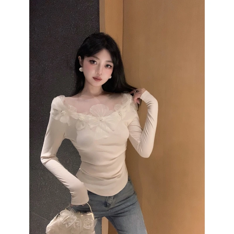 法式名媛网纱拼接花朵长袖T恤秋冬新款显瘦纯欲风打底衫上衣3377