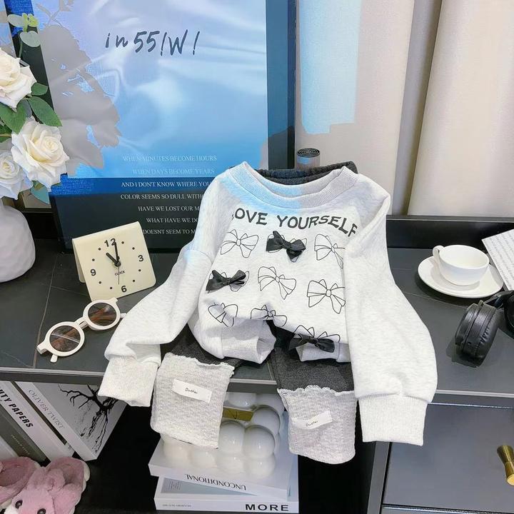 （买上衣送裤子）2024新款春秋女童洋气蝴蝶结卫衣圆领套装休闲秋季