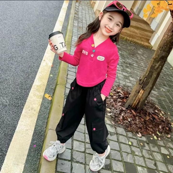 女童秋装休闲爱心扣韩版儿童洋气长袖T恤宝宝上衣百搭彩扣潮甜美