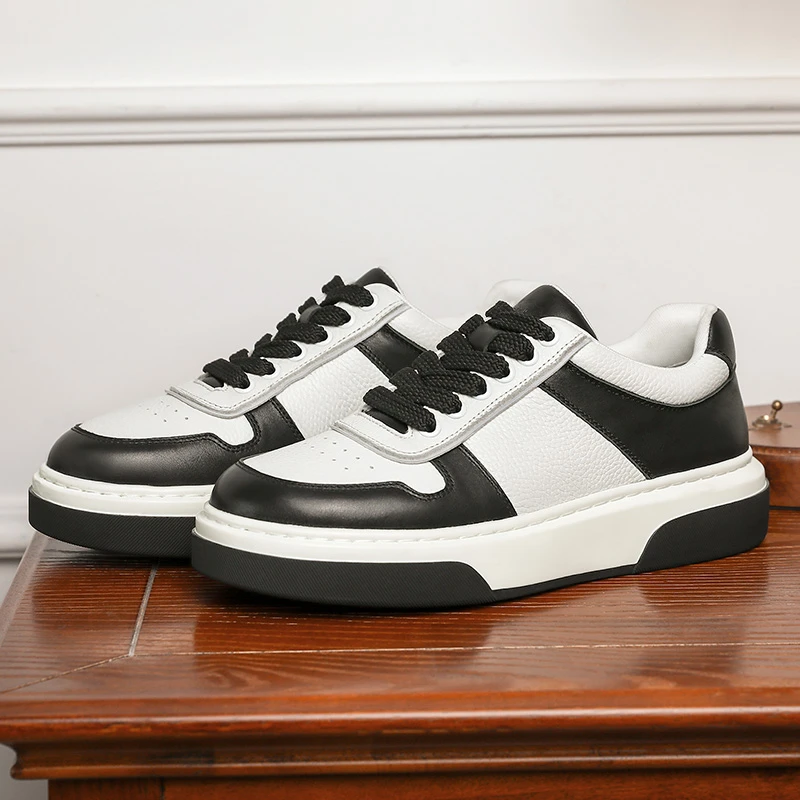 德赛【2024新款】经典黑白拼色休闲男鞋百搭时尚真皮高端板鞋