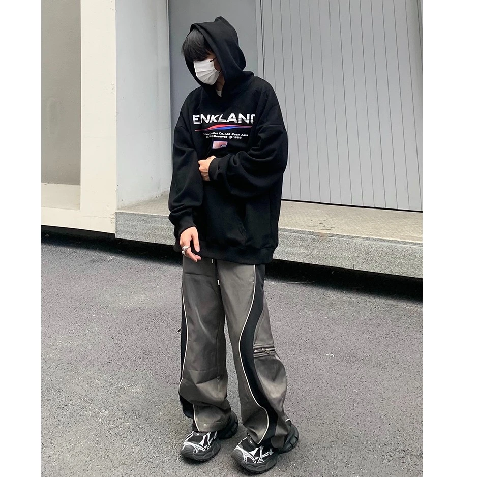 SOSDUN美式秋冬休闲裤男女宽松垂感拖地直筒线条撞色运动裤潮CK01