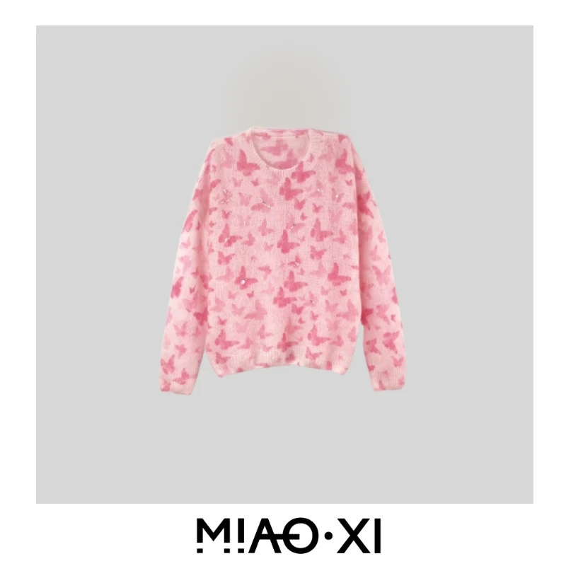 Y1401毛衣   【妙兮服饰秋季新款】时尚新款粉色蝴蝶女士外套