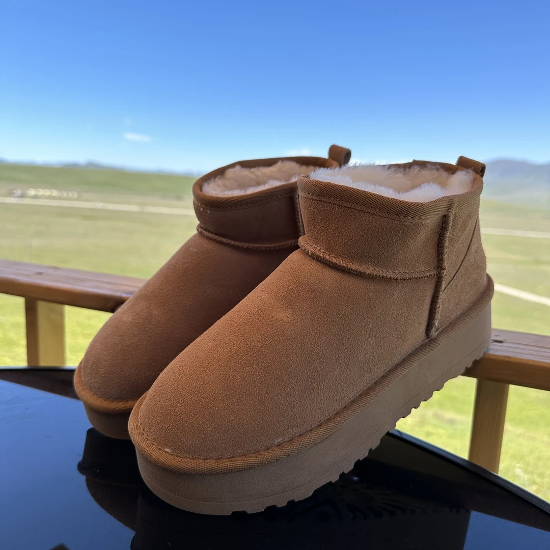 2024新款周冬雨百搭时尚雪地靴厚底真皮羊毛雪地靴超厚保暖鞋超轻