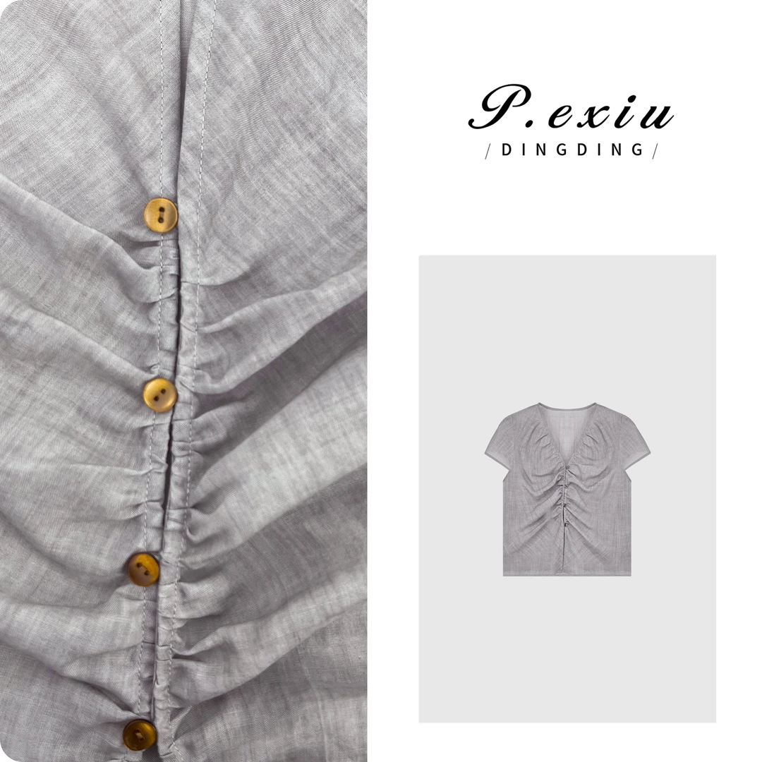 PanYiXiu/潘依绣【小凉湾】天丝苎麻设计款V领轻薄塌袖衬衫 W-62100