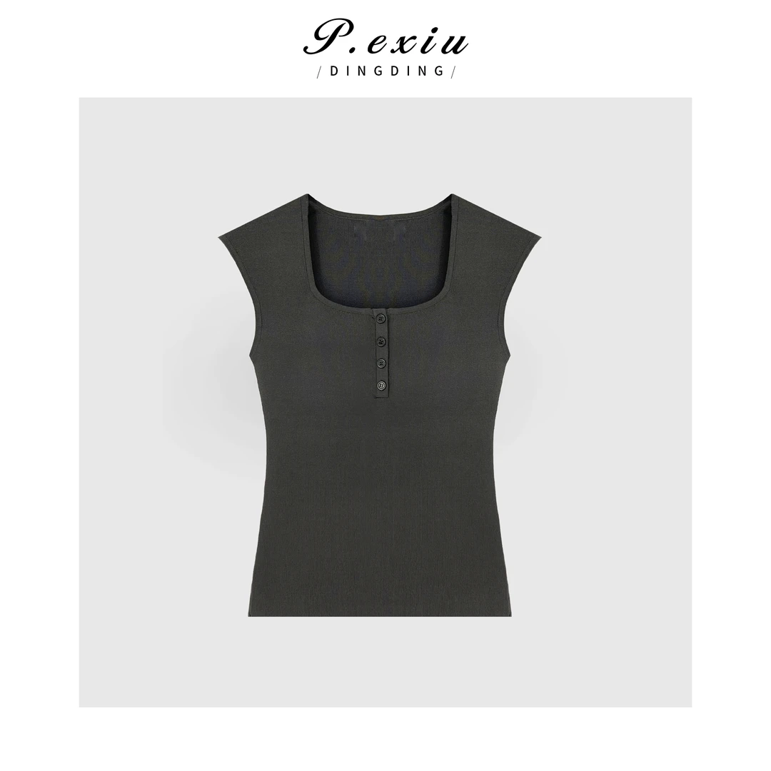 PanYiXiu/潘依绣夏季新款针织方领修身气质针织上衣Z3062