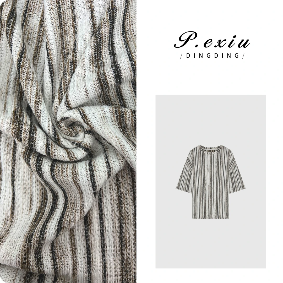 PanYiXiu/潘依绣肌理感竖条纹薄款圆领百搭短袖T恤 W-62171