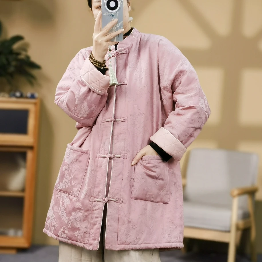 束心冬装新款新中式复古立领盘扣棉衣提花夹棉加厚中长款棉服外套